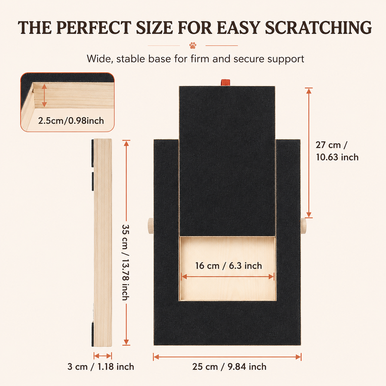 A dimension diagram of a wooden scratching board with black felt pads, showing measurements for width, height, and depth, along with a close-up inset of the wood thickness.