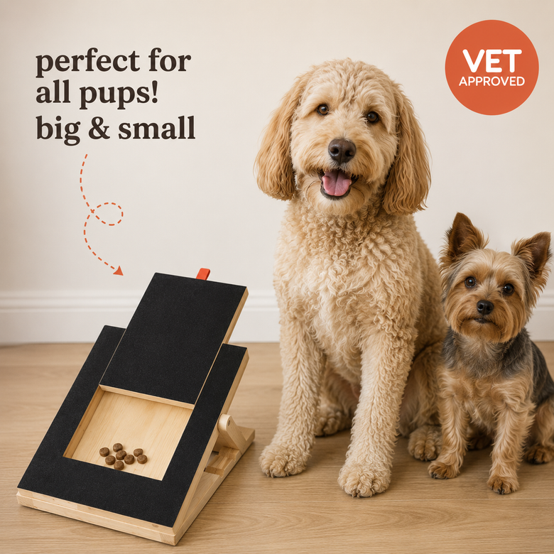 A wooden and black dog training puzzle feeder shown on a light wood floor against a beige wall, with two dogs beside it. Text on the image reads 'perfect for all pups! big & small' and there is a red 'VET APPROVED' badge.